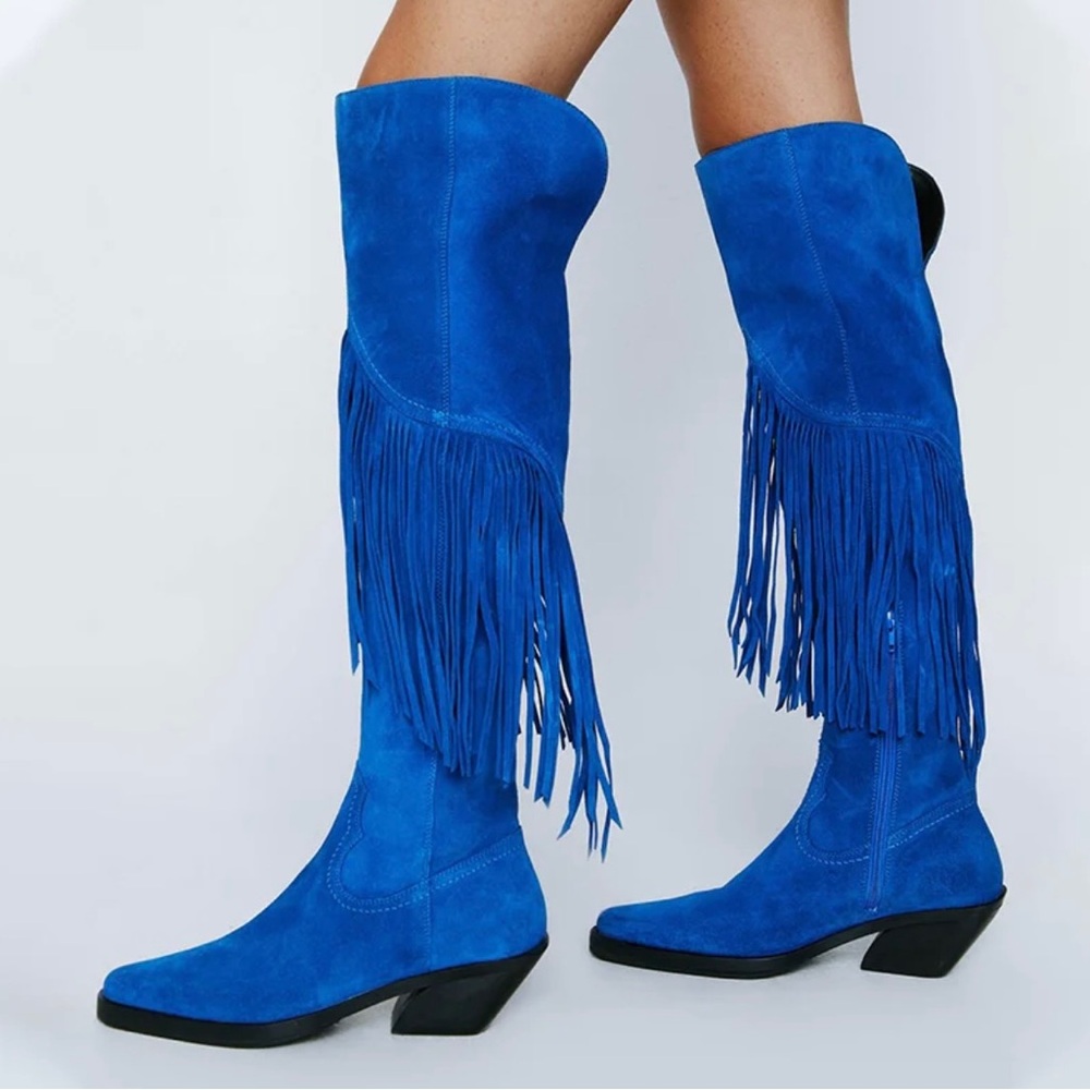 Nasty Gal Electric Blue Suede Over-the-Knee Fringe Boots - Picture 3 of 7
